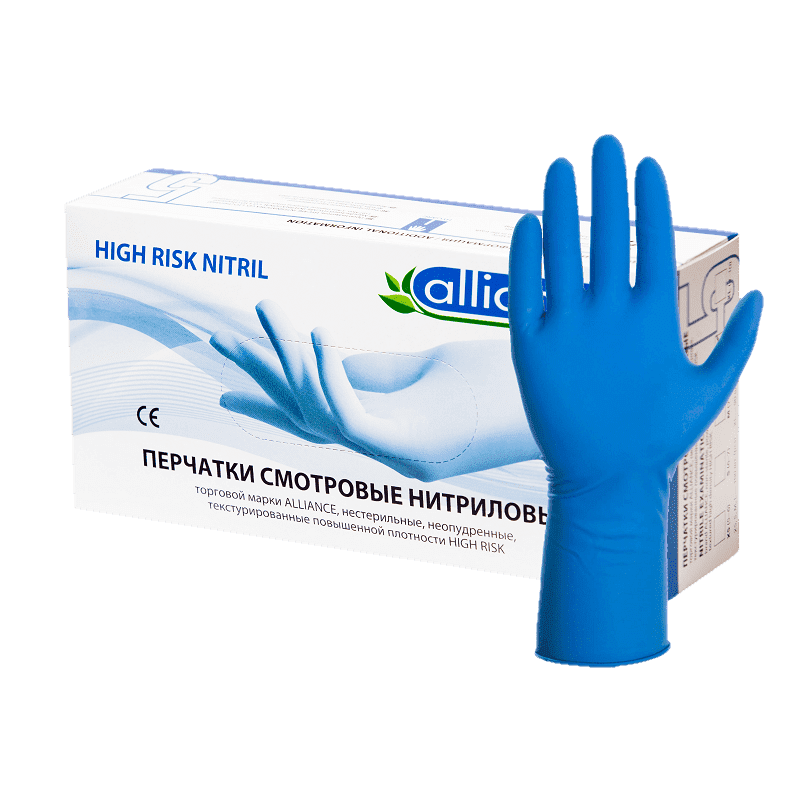 Перчатки нитриловые XL Alliance High Risk повышенной прочности /синие/ №5 - 90 шт.