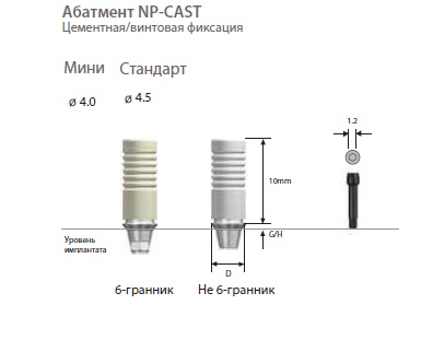 Выжигаемый абатмент NP-Cast стандарт не 6-гранник с основанием из сплава.  D-4,5мм. G/H-3мм.