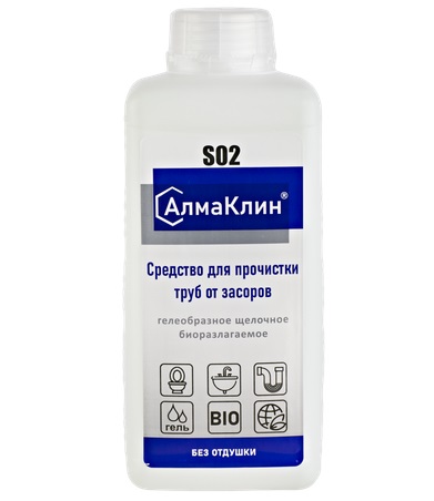 АлмаКлин S02 /без отдушки/ щелочное моющее средство для прочистки засоров /крышка/ - 1 л.