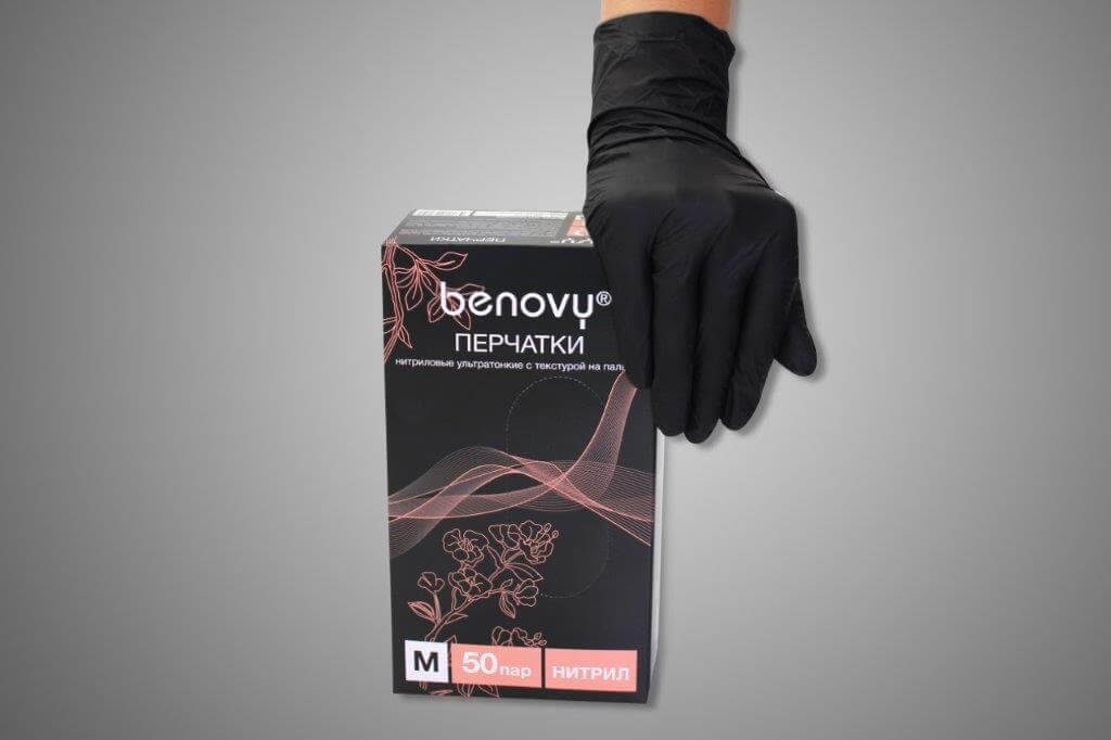 Перчатки нитриловые L Benovy черные - 100 шт.
